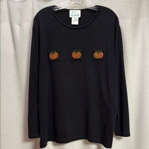 Quacker Factory Pumpkin beaded Black Long Sleeve Tee SZ 1X seed beads bling fall